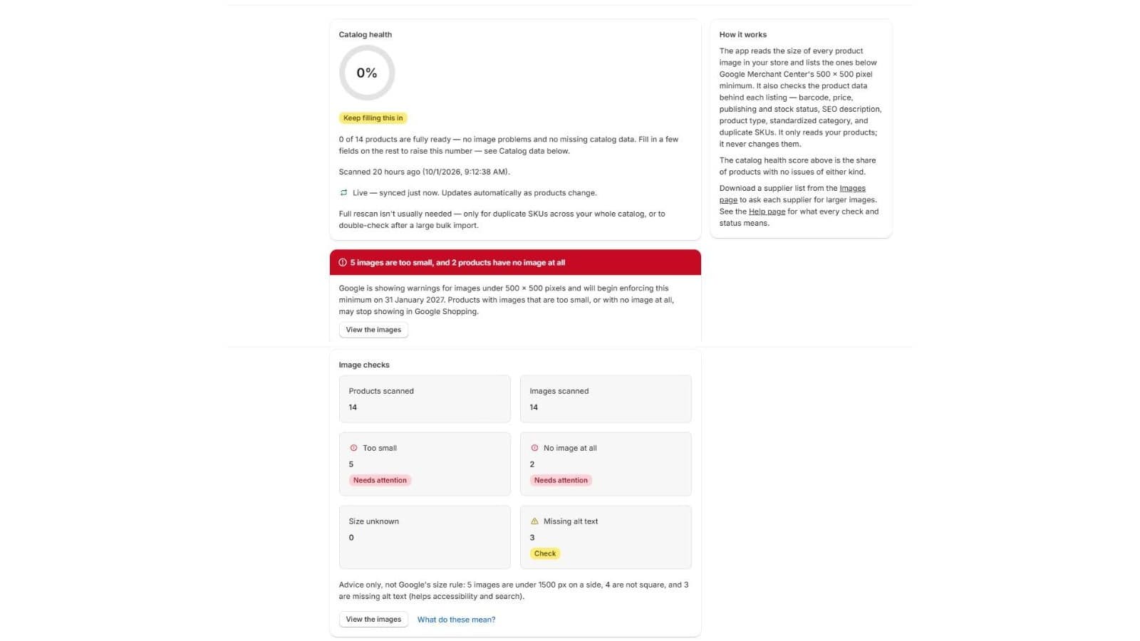 Overview screen with the catalogue health score and image checks