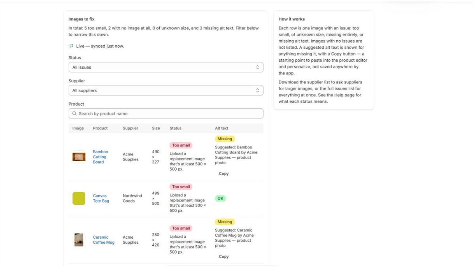 The Images screen: exact sizes, a fix for each, suggested alt text