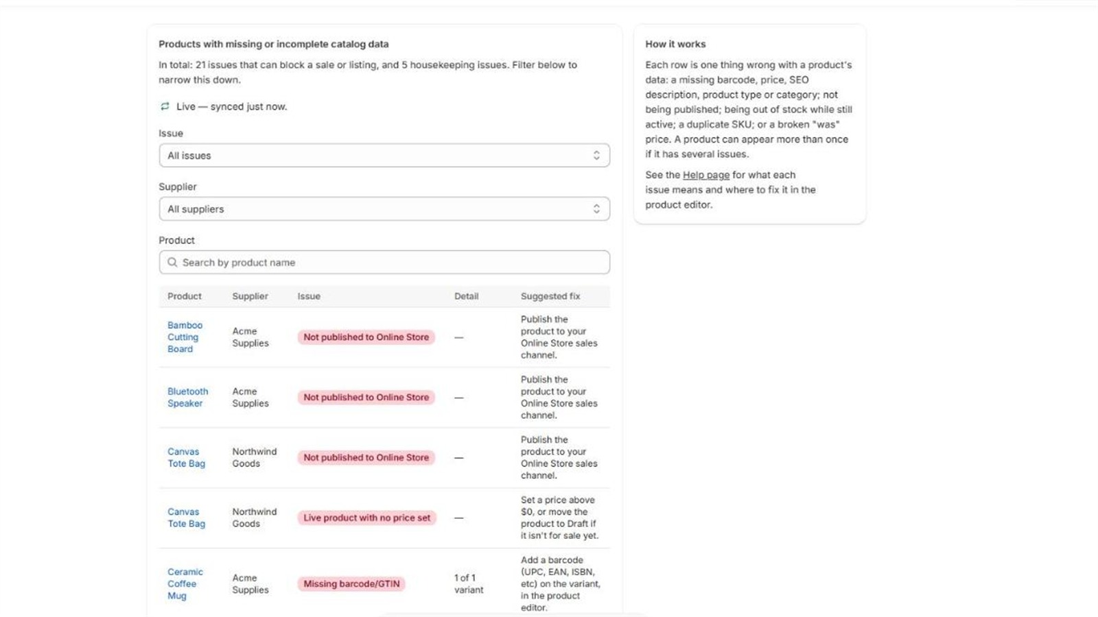 The Catalogue data screen, listing the issues per product